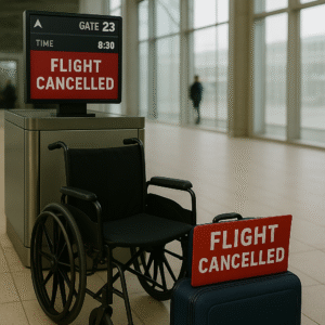 Wheelchair in front of a sign saying flight cancelled | Access-air-bility