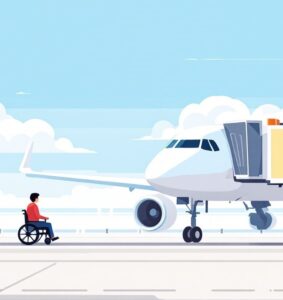 A graphic of a person in a wheelchair with an aeroplane parked in the background.