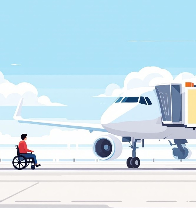 A graphic of a person in a wheelchair with an aeroplane parked in the background.