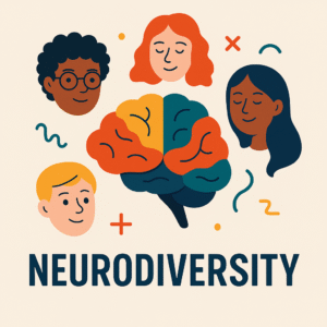 An image promoting neurodiversity with the caption 'neurodiversity' beneath a multicoloured brain surrounded by four people.