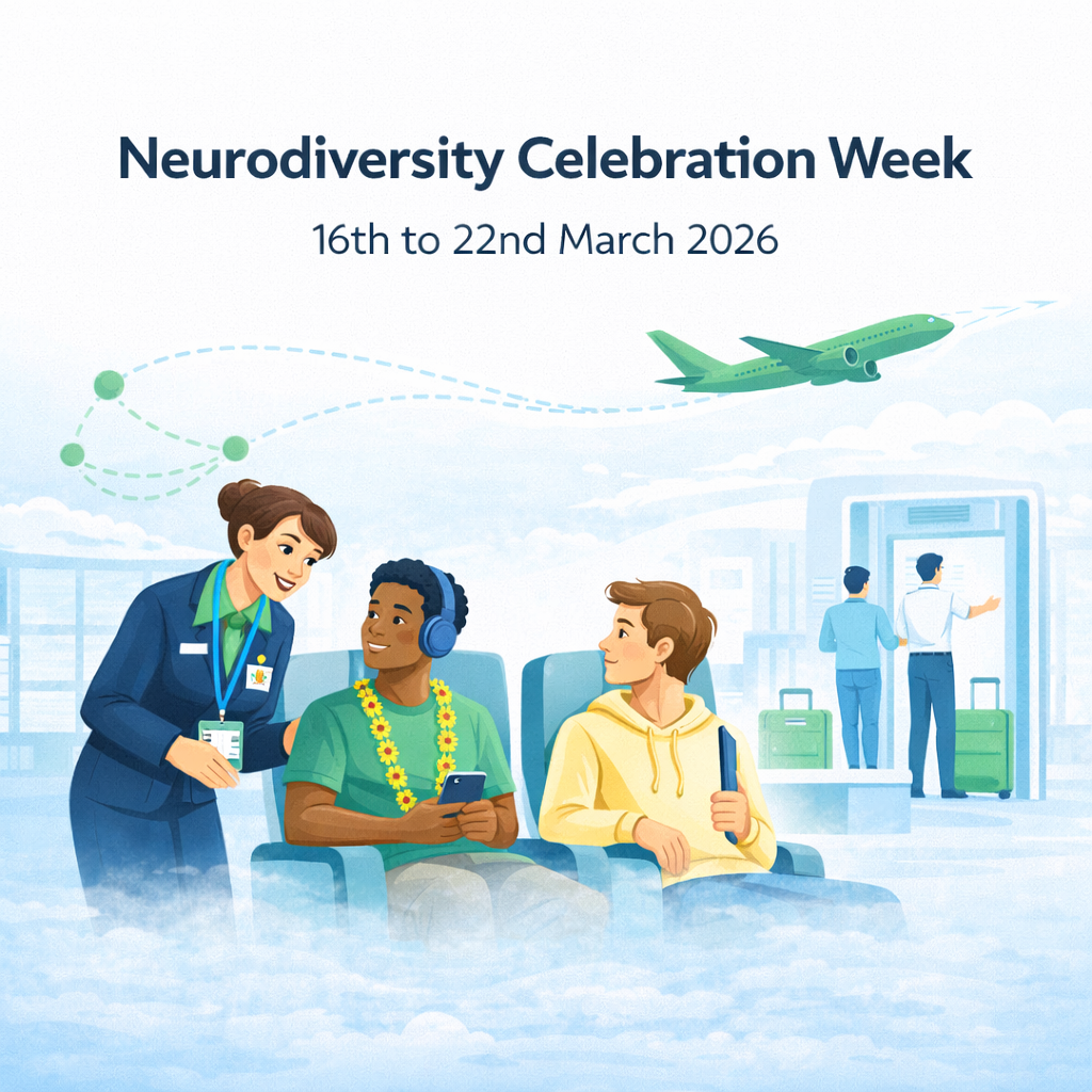 Neurodiversity celebration week image with a clouded background and two passengers seated, one with a sunflower lanyard, being assisted by an airport worker.