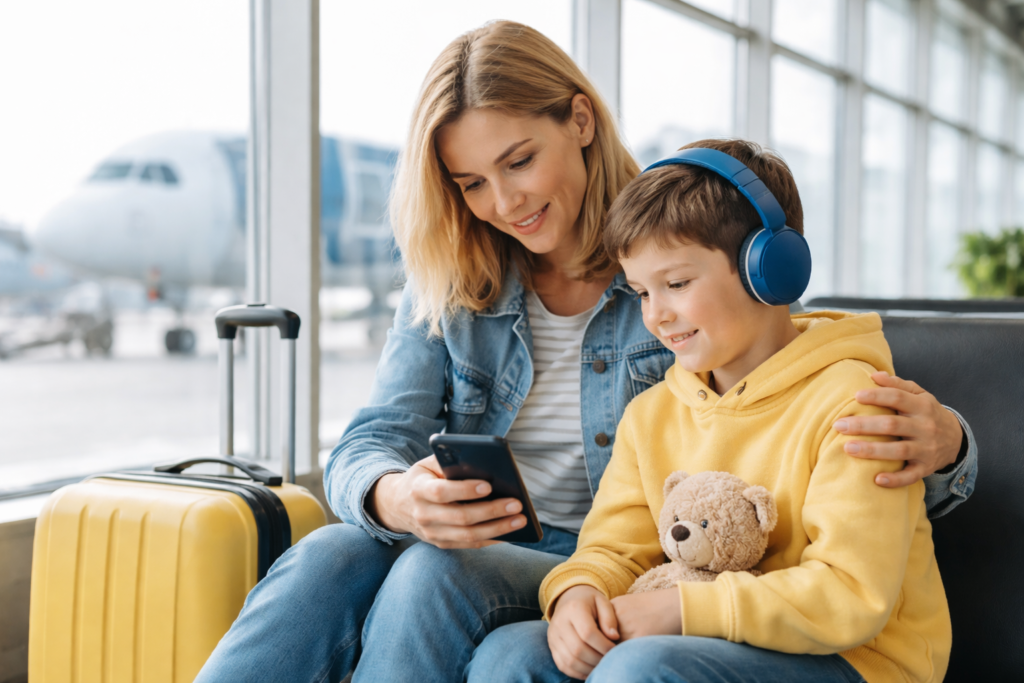 Mother and son with a teddy bear waiting for their flight | Access-air-bility