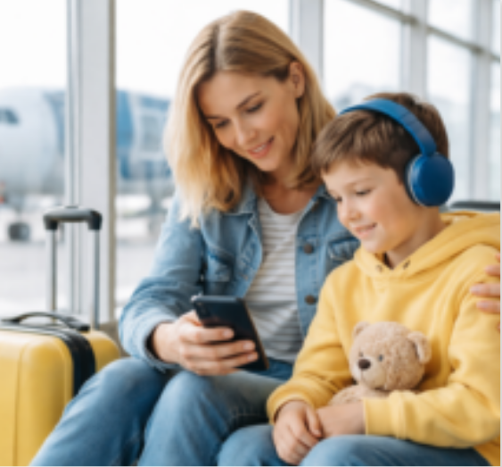 Mother and child with a teddy bear waiting at an airport gate